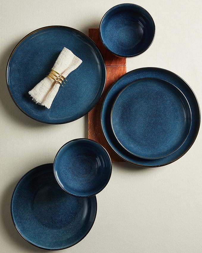 24 Piece Double Bowl Dinnerware Sets with Pasta Bowls Highly Chip and Crack Resistant Plates and Bowls Sets Natural Earthyware Ceramic Dishware Sets Service for 6 Starry Blue
