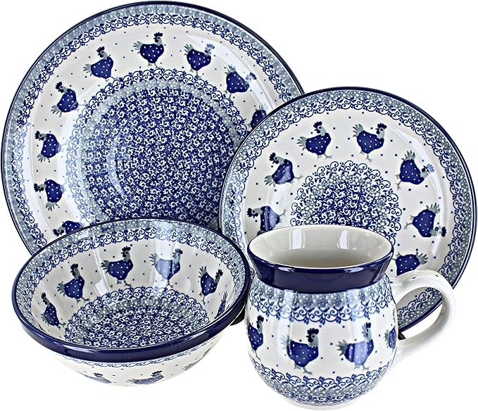 Blue Rose Polish Pottery - Blue Barnyard Rooster 4 PC Place Setting - Service for 1-1 Place Setting - Great for Everyday Dining Casual Dining or as Formal Dinnerware