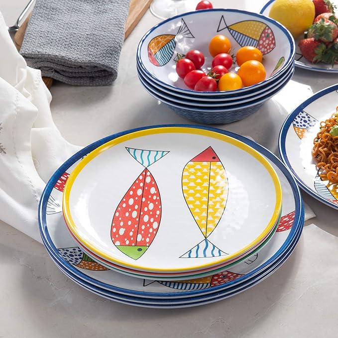 Melamine Dinnerware set for 4 Plates and Bowls Sets Great for Camper RV Indoors Outdoors Use with Ocean Printed Unbreakable