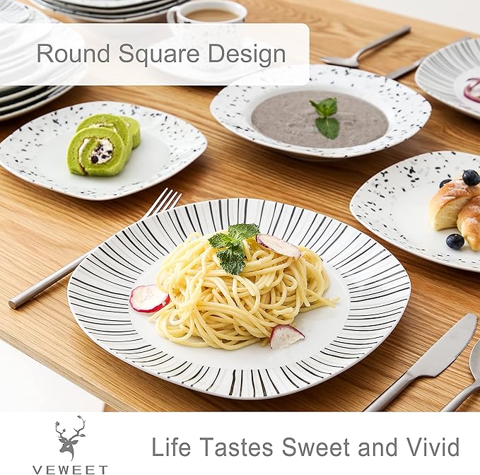 VEWEET Series BESLEY 30-Piece Ivory White Black Lines Porcelain China Ceramic Dinner Combi-Set with Dessert Plates/Soup Plates/Dinner Plates/Cups/Saucers Service for 6