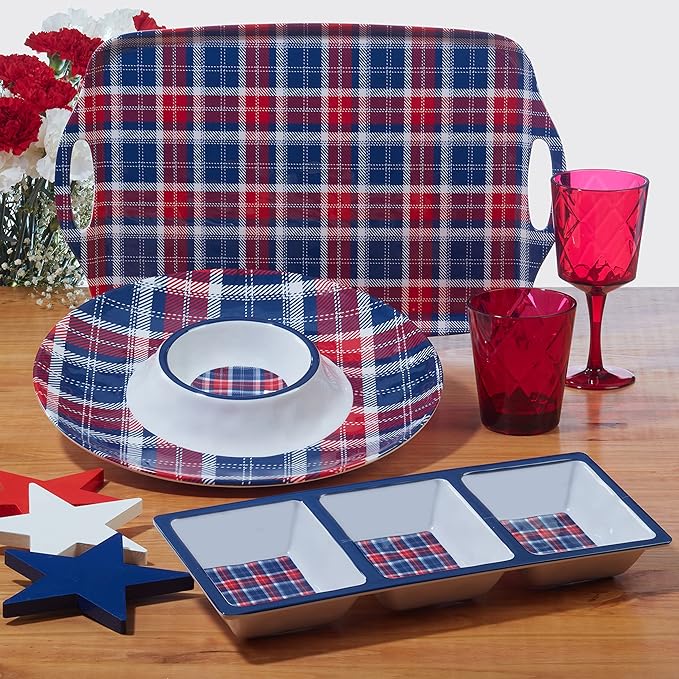Certified International Patriotic Plaid 12 Piece Melamine Dinnerware Set Service For 4
