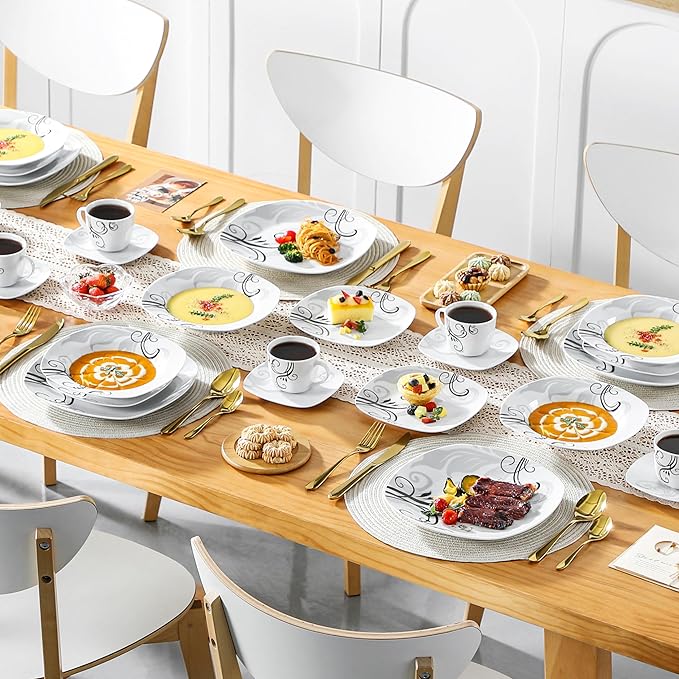 VEWEET 'Zoey' 30-Piece Dinner Set Ivory White Black Decals Porcelain Combination Sets with Cup &amp Saucer Set Stoneware Plate Sets Service for 6 Dishwasher &amp Microwave Safe