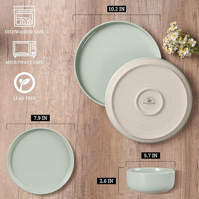 HaWare Stoneware Dinnerware Sets 12-Piece Plates and Bowls Set for 4 Dishes Set for Home Restaurant Speckled Asparagus Green