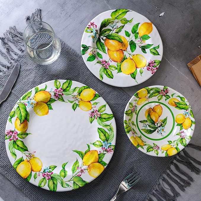 LEHAHA Melamine Dinner Plate Set of 6 11” inch Lemon Plates Set BPA Free Lightweight and Break Resistant Great for Parties RVs Picnic and Camping Trailer Dishwasher Safe