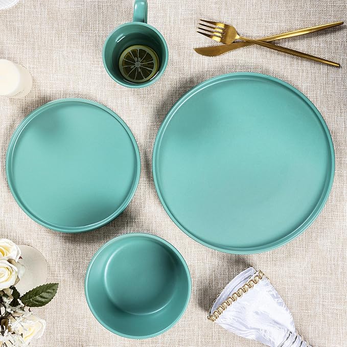 Plates and Bowls Sets for 4 - CJDC-QUELO 16 Piece Stoneware Dinnerware Sets with Mugs Ceramic Dishware Sets for Kitchen Dining Use Chip and Scratch Resistant Microwave Dishwasher Safe Green