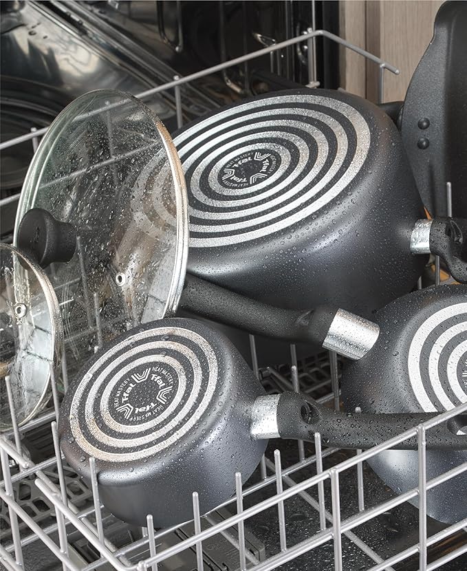T-fal Initiatives Nonstick Cookware Set 18 Piece Oven Broiler Safe 350F Kitchen Cooking Set w/Fry Pans Saucepans Stockpots Skillet Spoons Lids Pots and Pans Set Dishwasher Safe Stone Grey