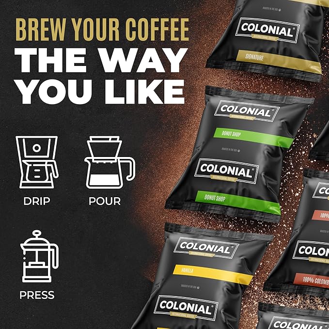 Colonial Coffee 100 Count Single Pot Coffee Packets – 100% Arabica Dark Roast | Pre-Measured Frac Packs for 12 Cup Maker | Bulk Ground Gourmet Coffee for Home &amp Office