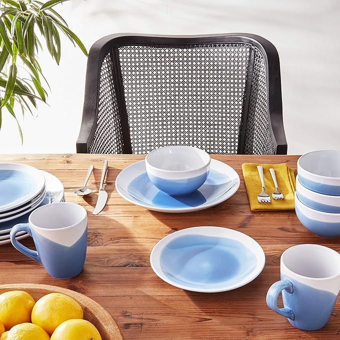 American Atelier Round Dinnerware Sets | Blue &amp White Kitchen Plates Bowls and Mugs | 16 Piece Stoneware Oasis Collection 10.5 x 10.5 | Dishwasher &amp Microwave Safe | Service for 4