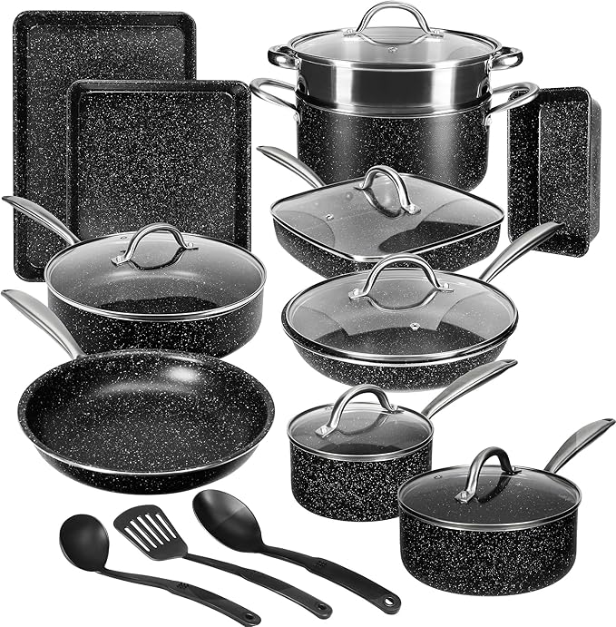 VECELO 20pcs Pots and Pans Set Non Stick Kitchen Induction Cookware Nonstick Saucepans Utensil Skillet with Maifan Stone Coated For Cooking(PFOS PFOA Free) Dishwasher &amp Oven Safe Black