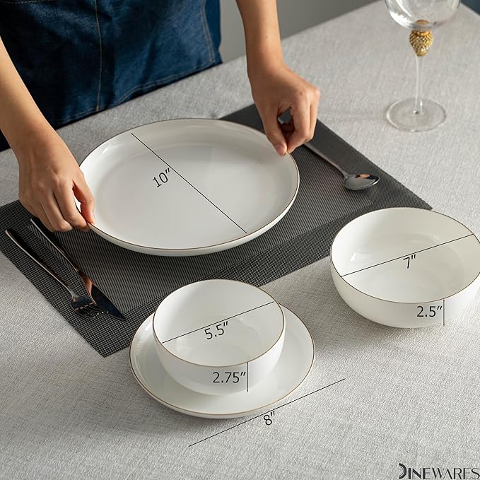 Perlaceo Luxurious Collection Bone China Dinnerware Set-Lightweight and Durable-Service for 4 or 8 Including Dinner Salad Plates and Cereal or Soup Bowls 16-Pc White w/Gold Rim
