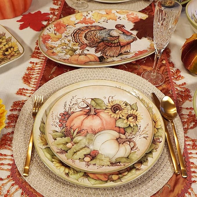 Autumn Breeze 16-Piece Ceramic Dinnerware Set Service for 4 – Celebrate fall gatherings with sunflowers pumpkins and rich harvest hues perfect for cozy dinners and festive autumn tablescapes