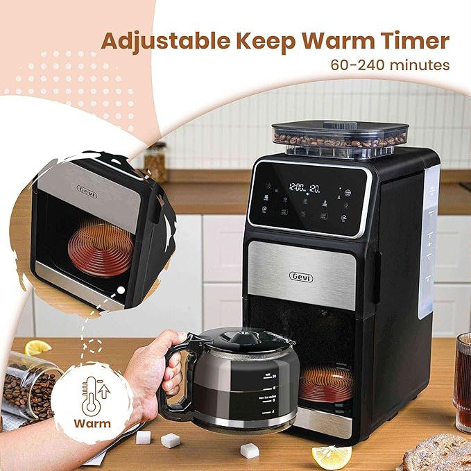 Gevi 10 Cup Drip Coffee Maker with Built-in Grinder Grind ＆ Brew Burr Combo Coffee Machine with Touch Screen Programmable 4-Hour Warm Plate Permanent Filter Coffee Carafe