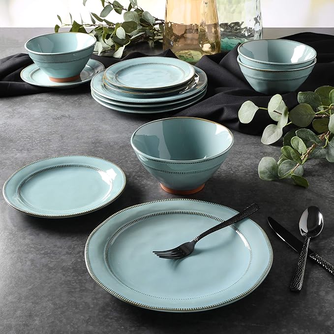 Gibson Elite Terranea Round Reactive Glaze Terra Cotta Dinnerware Set Service for Four (12pcs) Teal