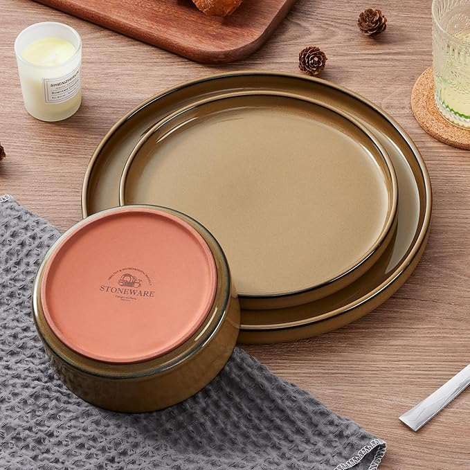 LIANYU 24 Piece Stoneware Dinnerware Sets Modern Plates and Bowls Dishes Set for 8 Elegant Dinning Dishware for Dinner Salad Cereal Dishwasher &amp Microwave Safe Amber Gold