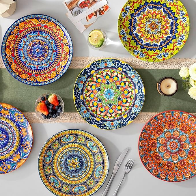 vancasso Colorful Dinner Plates Set of 6 10.5 Inch Ceramic Kitchen Plates for Dinner Bohemian Printed Dishes for Dining Microwave &amp Dishwasher Safe Plate Set Series KRVI