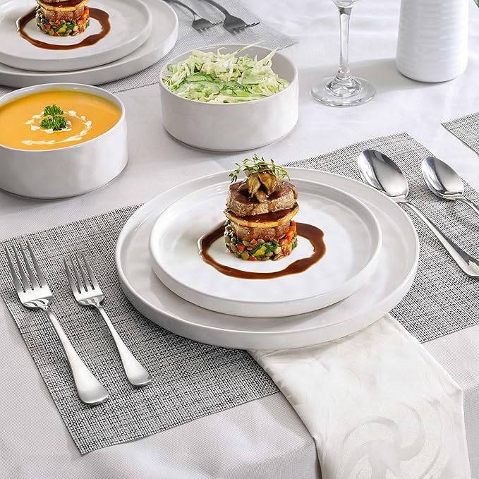 LIANYU Dinnerware Sets with Pasta Bowls for 4 16 Piece Ceramic Dinner Plates and Bowls Dish Set Kitchen Speckled Dining Tableware Dishware Microwave &amp Dishwasher Safe Polar White