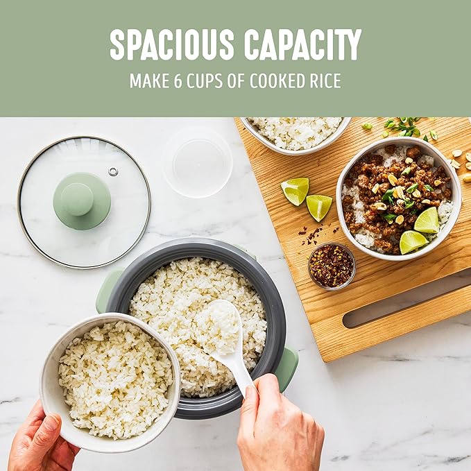 GreenLife Rice Cooker with Removable PFAS-Free Ceramic Nonstick Pot 3-Cups Uncooked/6-Cups Cooked Grains &amp Oatmeal Multicooker Compact One-Switch Design Auto Keep Warm Easy Clean Sage Green