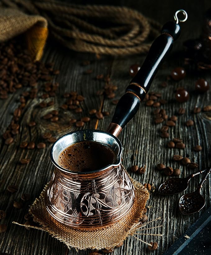 DEMMEX Thickest Copper Turkish Greek Arabic Coffee Pot Stovetop Coffee Maker Cezve Ibrik Briki with Wooden Handle &amp Spoon Hand Engraved