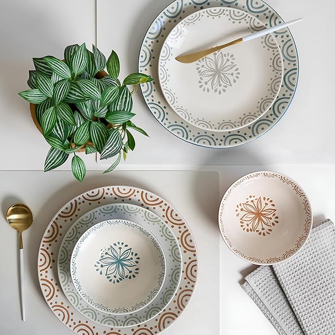 Sango 12-Piece Speckled Stoneware Dinnerware Set for 4- Glossy Plates and Bowls Set with Hand-Painted Floral Pattern Rustic Ceramic Dish Set Elegant Dishes for Everyday Dining Siterra Glazed Garden