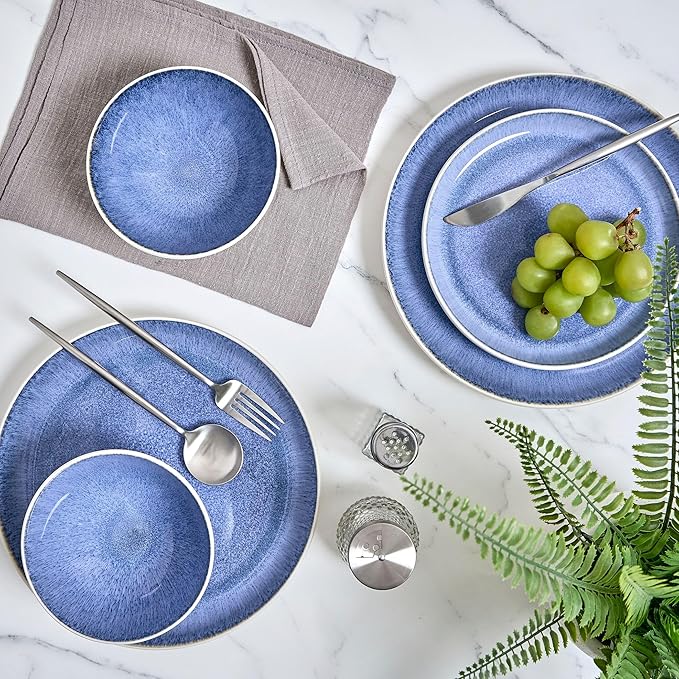 Sango 12-Piece Stoneware Dinnerware Set for 4 Light Blue Reactive Glaze on White Plates and Bowls Sets Kitchen Ceramic Dish Set Modern Dishes for Everyday Dining Microwave &amp Dishwasher Safe C