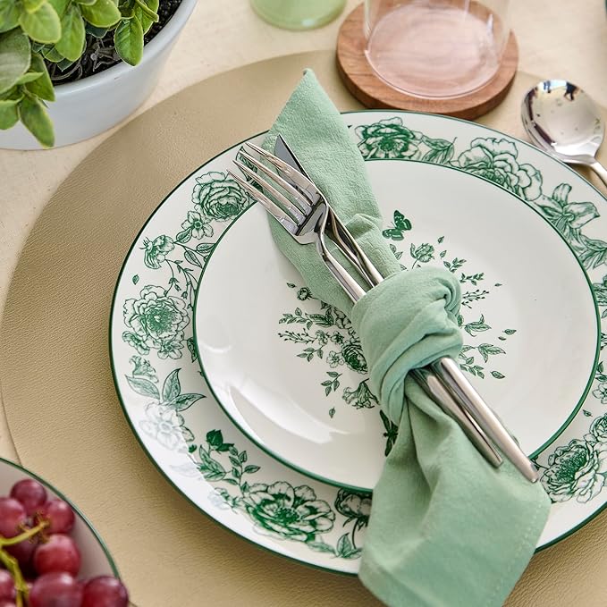 Stone Lain Esme 12-Piece Dinnerware Set Porcelain Plates and Bowls Set Dish Set for 4 Microwave and Dishwasher Safe Green