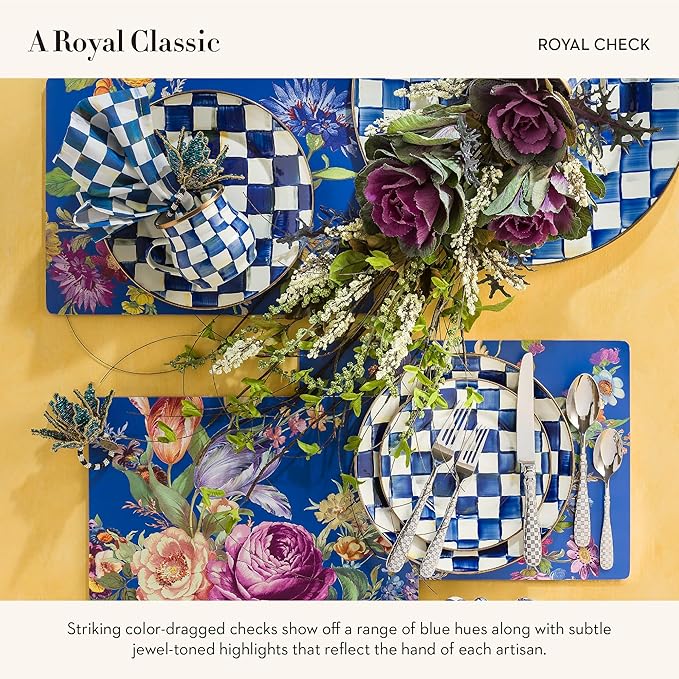 MACKENZIE-CHILDS Enamel Dinner Plate Decorative Dinnerware Plate 10 Inches Set of 4 Blue-and-White Royal Check