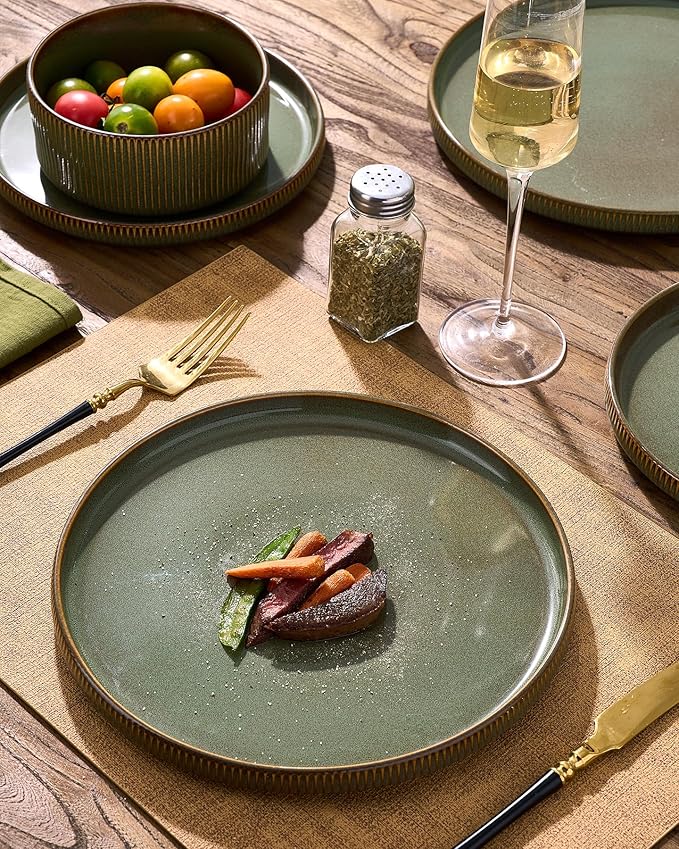 Stoneware Dinnerware Sets Handcrafted Double Reactive Glaze Plates and Bowls for Everyday &amp Formal Dining Microwave &amp Dishwasher Safe Scratch Resistant Dishes Service for 4 (12-Piece) Moss