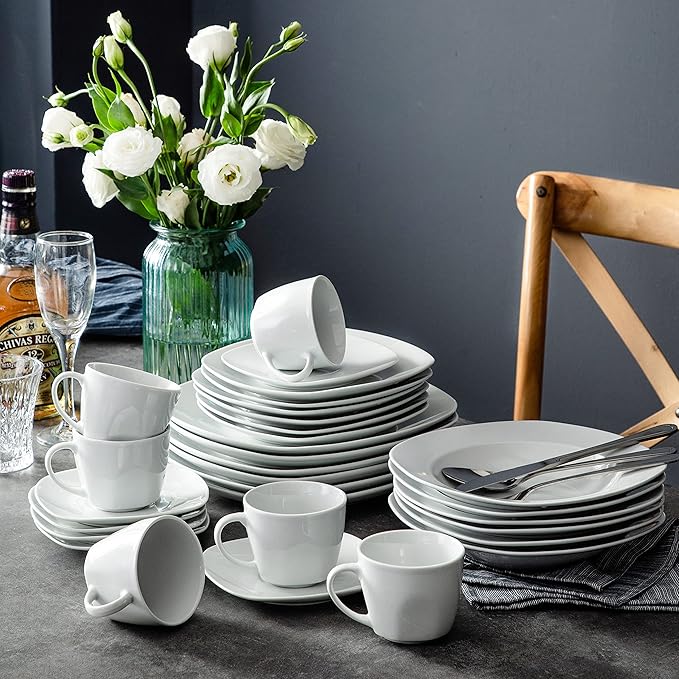 MALACASA 30 Piece Porcelain Dinnerware Set Grey White Dish Set for 6 Square Ceramic Dishware Sets Chip and Scratch Resistant Plates and Bowls Sets Cups and Saucers Series ELISA
