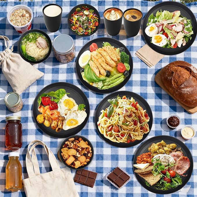 Wheat Straw Dinnerware Sets Unbreakable Kids Plates and Bowls Sets 20-Piece Service for 4 Alternative Plastic Outdoor Camping Dishes Microwave &amp Dishwasher Safe - Black