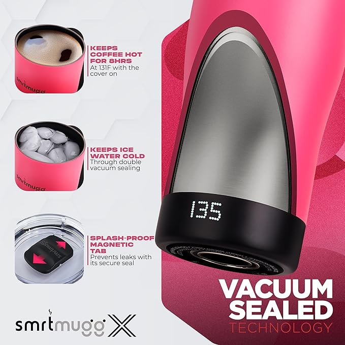X Heated Coffee Mug 19 oz. 8 Hour Battery Life Self-Heating Adjustable Temp Controlled LCD Screen Includes Cover with Magnetic Slider (Pink)