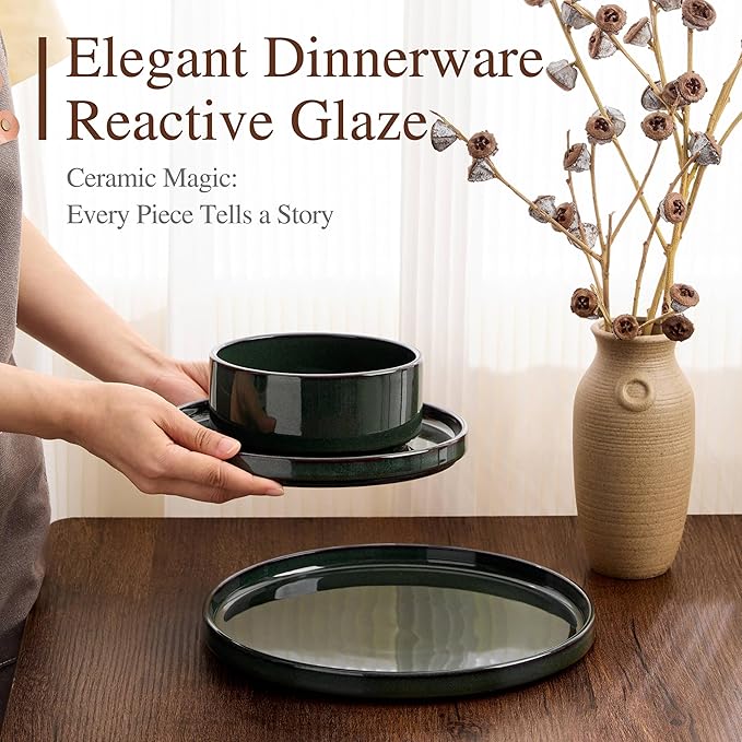 Vesteel 12-Piece Dinnerware Set Ceramic Tableware Reactive Glaze Plates and Bowls Sets Healthy Yixing Purple Clay Dishes Set Dishwasher &amp Microwave Safe - Blackish Green