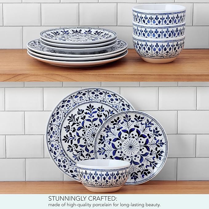Pfaltzgraff Medallion Radiance 12 Piece Stoneware Dinnerware Plate Bowl Dish Set Service for 4 Blue
