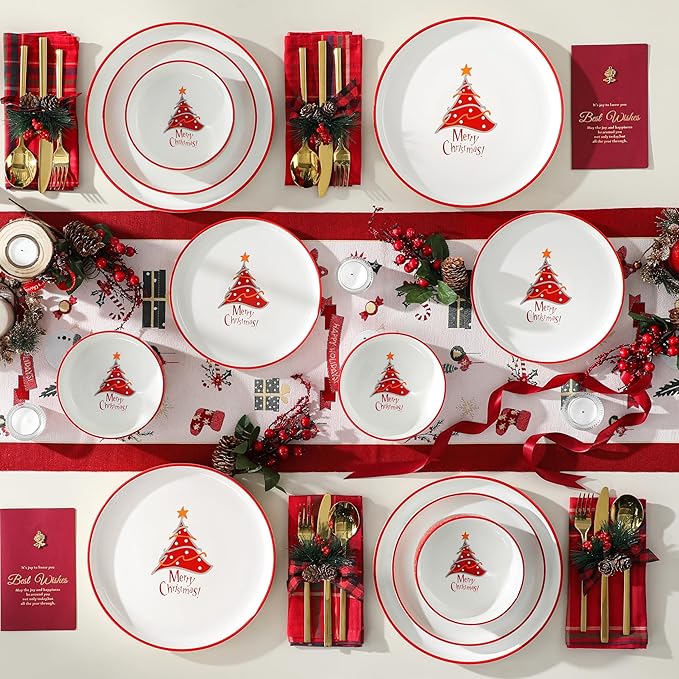 MALACASA Plates and Bowls Sets 12 Pieces Christmas Porcelain Dinnerware Set for 4 Ceramic Dishware Dishes Kitchen Dining Ware Set Microwave and Dishwasher Safe Series LUNA-Christmas Tree