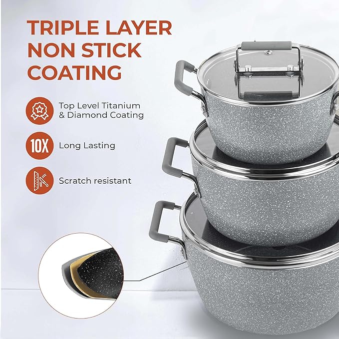 Granitestone Gray Pots and Pans Set Nonstick 6 Stackable Piece Cooking Pots Set Kitchen Pots Non Stick Coating 5qt 3qt &amp 1.5qt Pots with Lids Stay Cool Handles Dishwasher Safe 100% Toxin Free