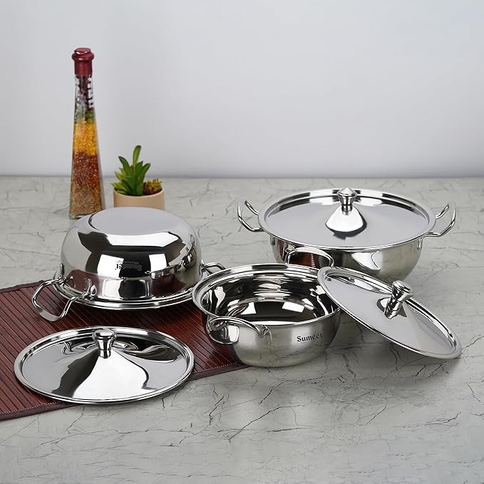 Sumeet Big Size Stainless Steel Cook and Serve Induction Handi Set with Lid and Handle Set of 3Pc 1200ML1650ML &amp 2050ML Silver