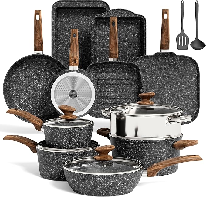 MAISON ARTS 17 Piece Pots and Pans Set Non Stick Kitchen Cookware Sets with Nonstick Granite Stone Coating Suitable for Induction Cooktops Black