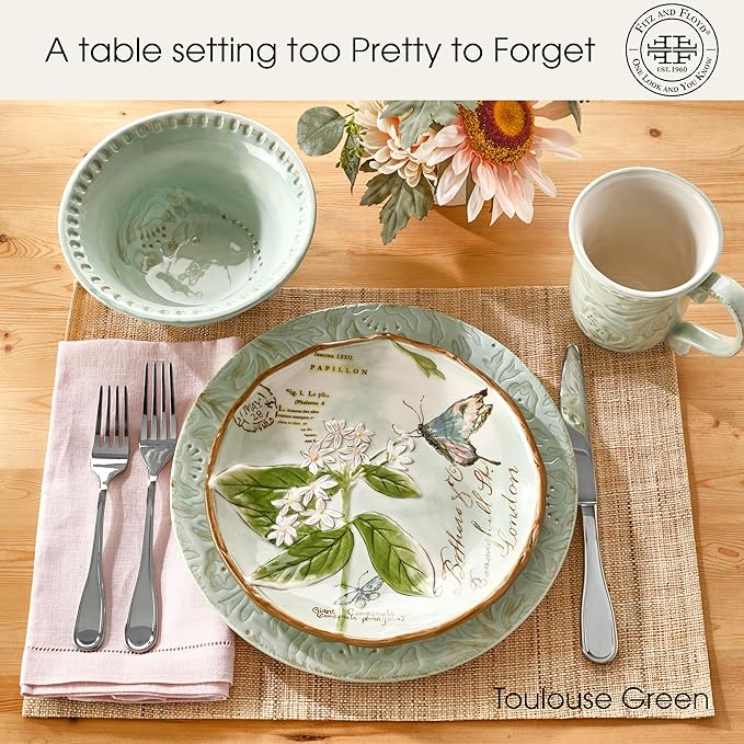 Fitz &amp Floyd Fitz and Floyd Toulouse Green 16 Piece Dinnerware Set Service For 4 Green