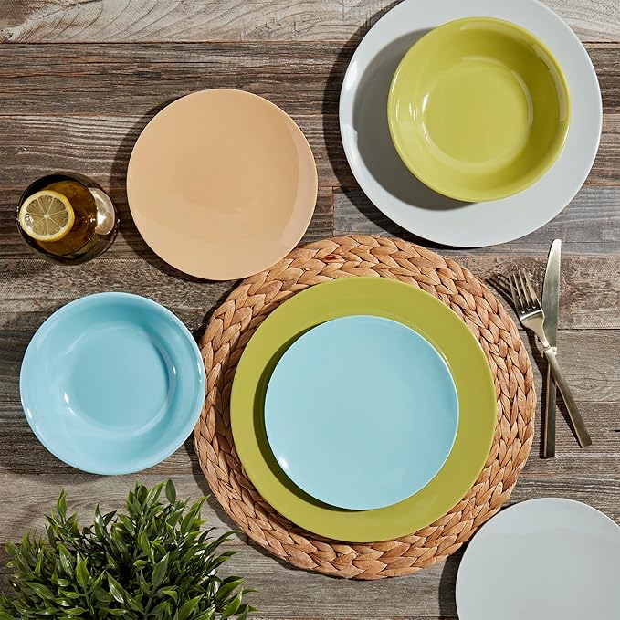 Tabletops Gallery 12 Piece Blue Green Coral Melamine Dinnerware Set Plates Bowls for Indoor Outdoor Use Service for 4 Enchanted
