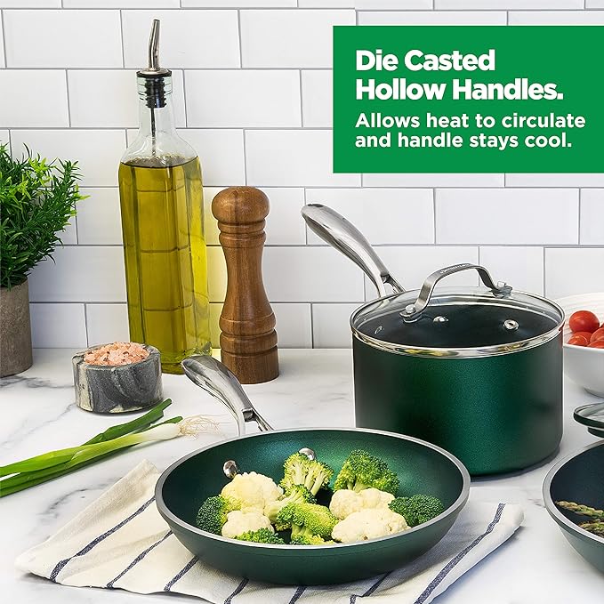 Granitestone Diamond Granite Stone Classic Emerald Pots and Pans Set with Ultra Nonstick Durable Mineral &amp Diamond Tripple Coated Surface Stainless Steel Stay Cool Handles 10 Piece Cookware Gre