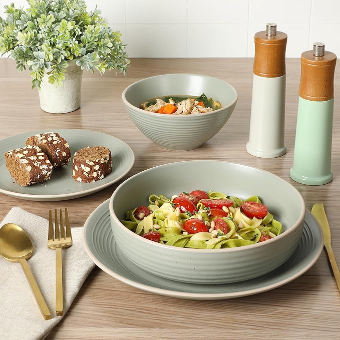 Gibson Home Dinah Double Bowl Stoneware Embossed Speckled Dinnerware Set - Sage Green Service for Four (16pcs)