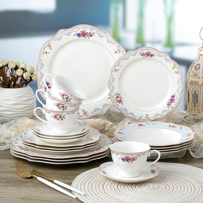 Joseph Sedgh Collection Romantic Bloom 20-Piece Bone China Dinnerware Set Service for 4 Floral with Blue and Gold Trim