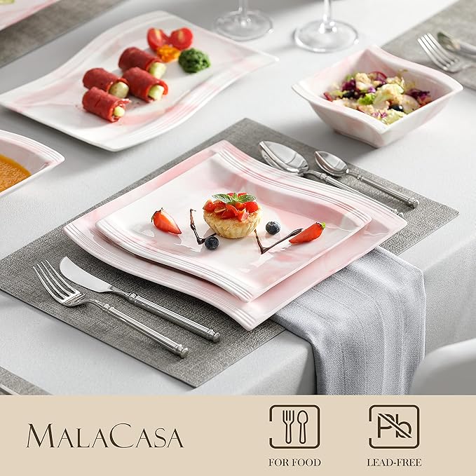 MALACASA Plates and Bowls Sets 26 Pieces Pink Dinnerware Sets for 6 Porcelain Dinnerware Set with Dinner Plates and Bowls Serving Platters Square Dishware Sets Modern Dish Set Series Flora