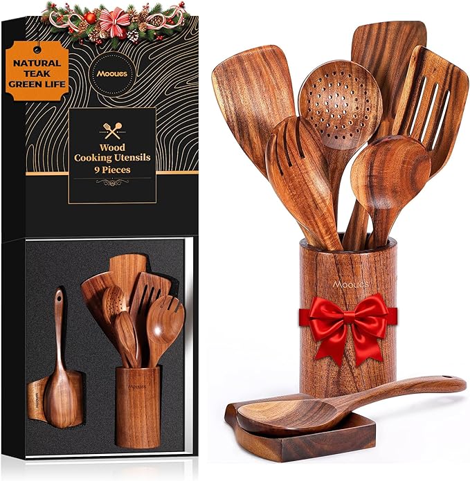 Wooden Spoons for Cooking Wooden Utensils for Cooking Natural Teak Wooden Kitchen Utensils Set Comfort Grip(9 PCS SET GIFT BOX)