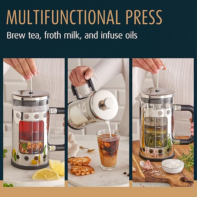Gracie's Finest French Press Coffee Maker - Large 34 oz. Glass Coffee Pot Carafe with Stainless Steel Filter - French Press Coffee at Home or Office - Dishwasher Safe