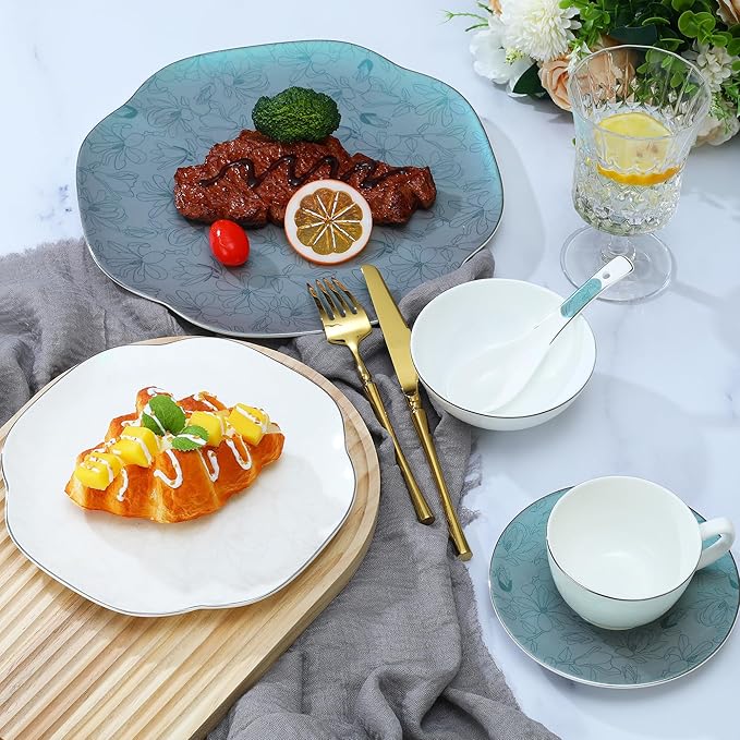 24 Piece Porcelain DinnerwareBone china Set for 4 Plates and Bowls Sets With exquisite Handmade Green FloralHighly Chip and Crack Resistant | Oven &amp Dishwasher (Green + Floral)