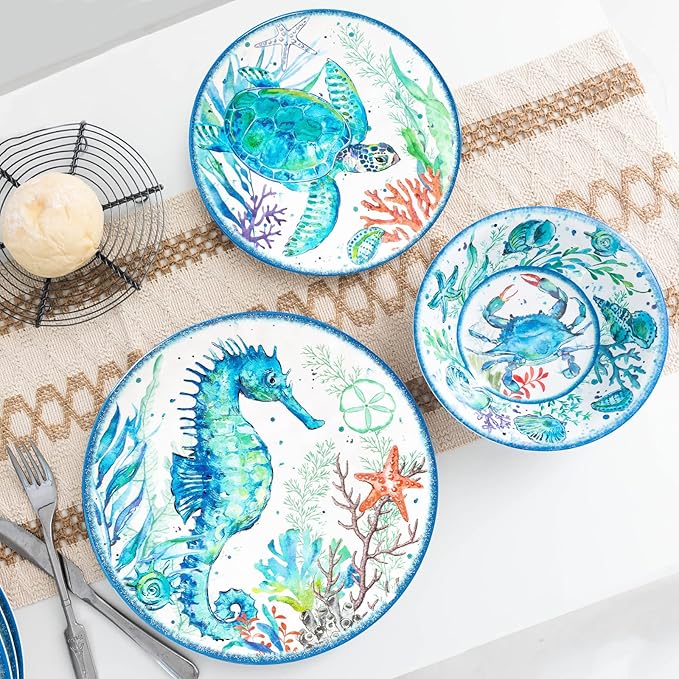LEHAHA 12-Piece Melamine Beach Dinnerware Set Coastal Plates and Bowls Sets Oceanic Sea Life Dish Sets for 4 Great for Indoor Outdoor Dining on the Beach RV Camping or Cabin