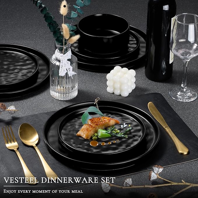 Vesteel 16-Piece Dinnerware Sets Stoneware Dish and Bowls Set for 4 Handmade Reactive Glaze Coupe Plates Set Chip &amp Scratch Resistant - Matte Black