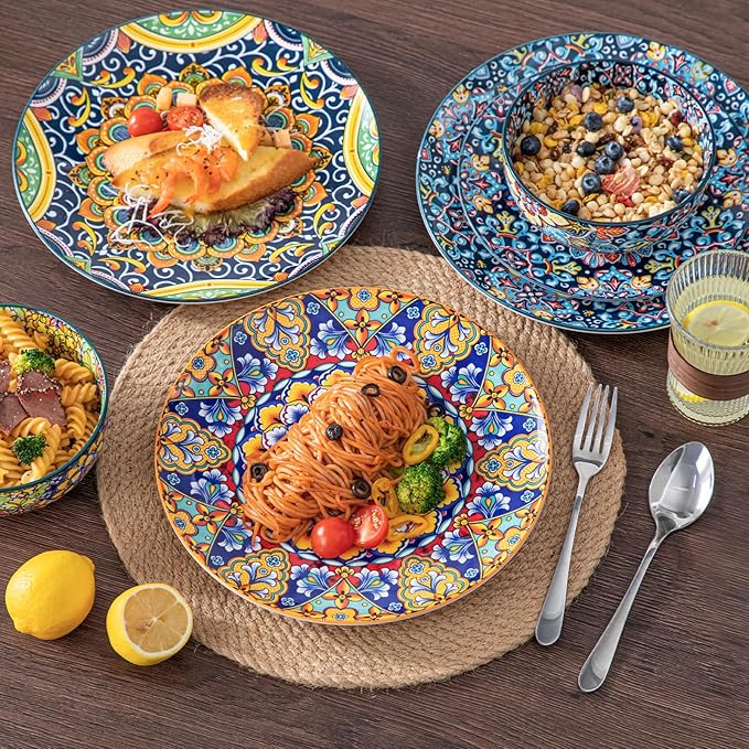 vancasso 12 Pieces Dinnerware Sets Plates and Bowls Set Porcelain Dishes Set for 4 and Boho Coffee Mugs Set of 6 14 oz Ceramic Mugs with Handle