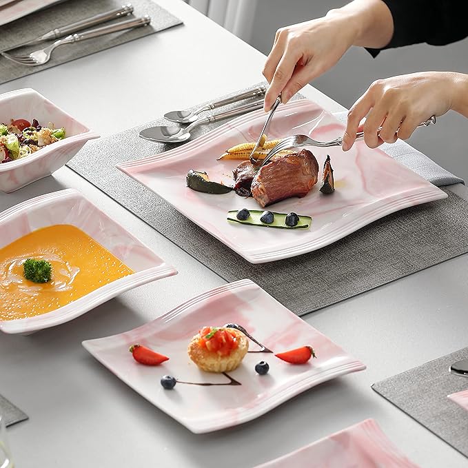 MALACASA Plates and Bowls Sets 26 Pieces Pink Dinnerware Sets for 6 Porcelain Dinnerware Set with Dinner Plates and Bowls Serving Platters Square Dishware Sets Modern Dish Set Series Flora
