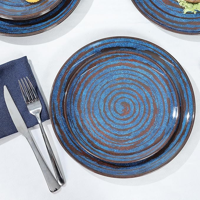Melamine Dinnerware Set 12-Piece Plates and Bowls Set Blue Threaded Plastic Dishes Set Service for 4 BPA-Free Dishwasher Safe